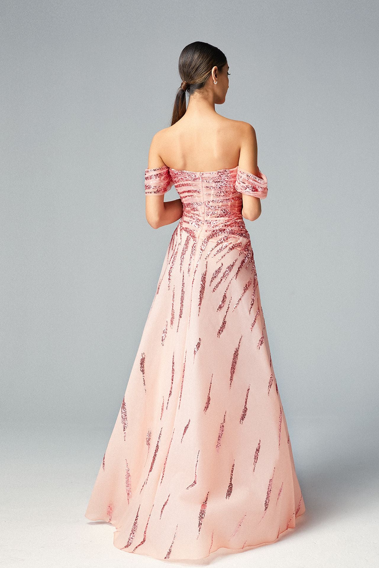 Off-shoulder Sweetheart Crepe Pink Ball Gown Tulle with Foliage Sequined Pattern