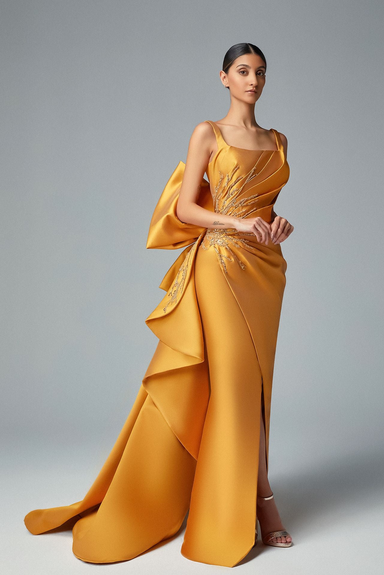 Gold Champagne Cady Evening Dress Draped Top Swarovski Crystal and Asymmetric Back Bow