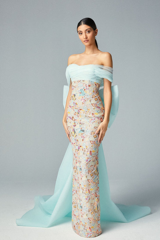 Off-shoulder Aqua Teal Tulle & Embroidered Pastel Patchwork Fabric Print Evening Dress