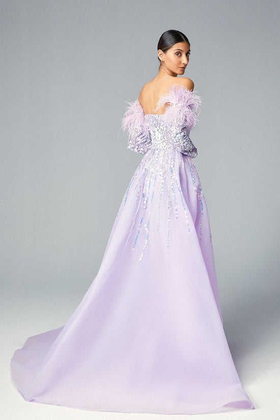 Off-shoulder Sweetheart Lilac Sequined Evening Dress, Feathered & Over-skirt