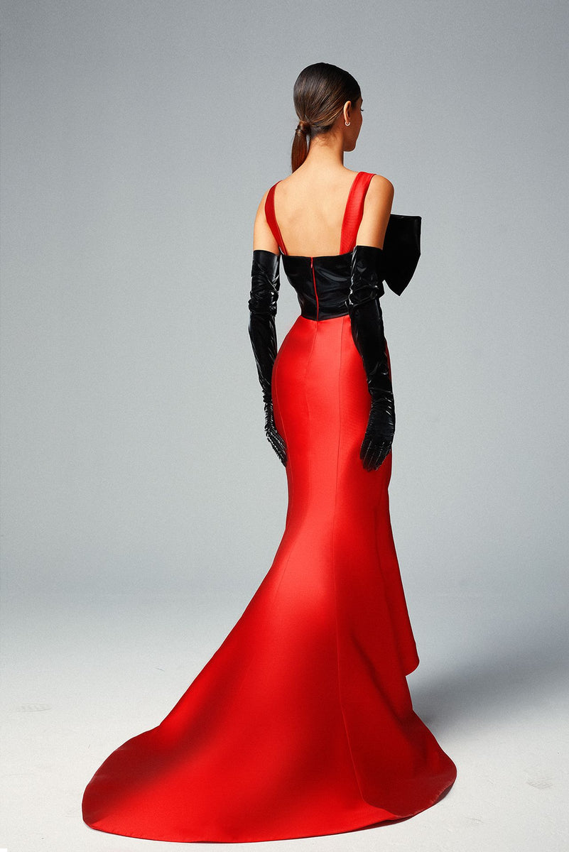 Strapped Crimson Cady Evening Dress, Black Bow & Swarovski Motifs   Gattinolli by Marwan