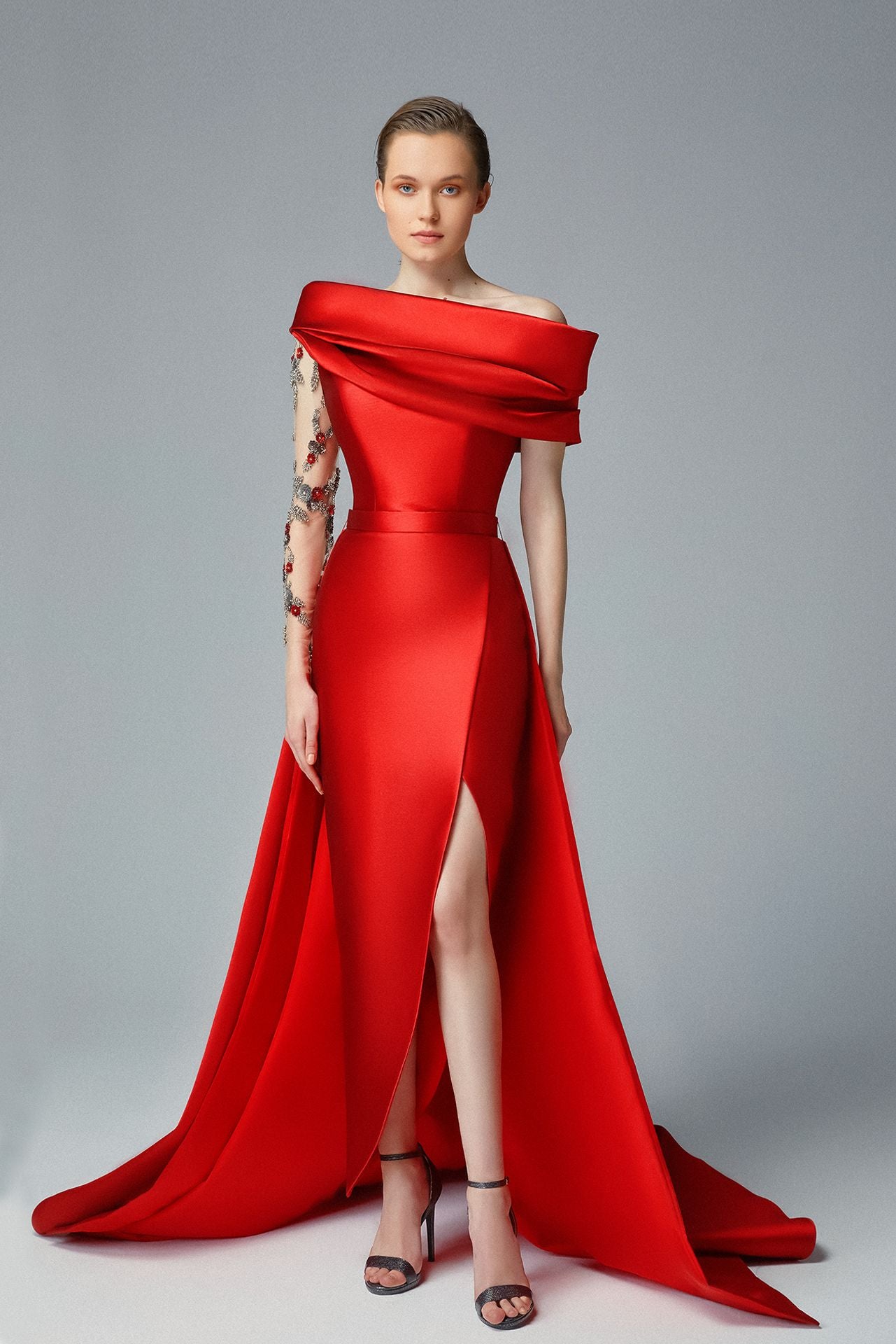 Crimson Cady Evening Dress & Swarovski Embroidered Sheer Sleeve