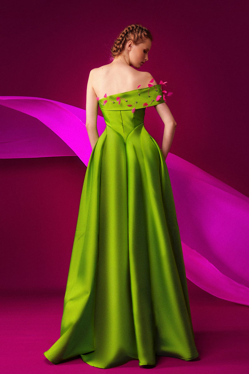 Off-The-Shoulder Fitted Dress with Feathers and Overskirt Gattinolli by Marwan Off-The-Shoulder Fitted Dress with Feathers and Overskirt Gattinolli by Marwan