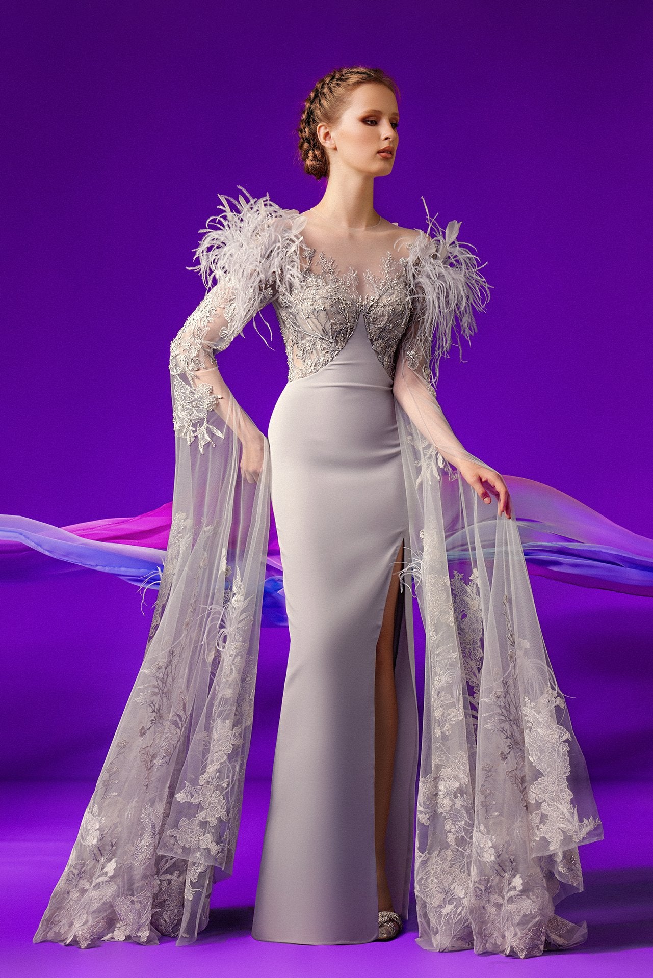 Cape sleeves embroidered crepe evening gown