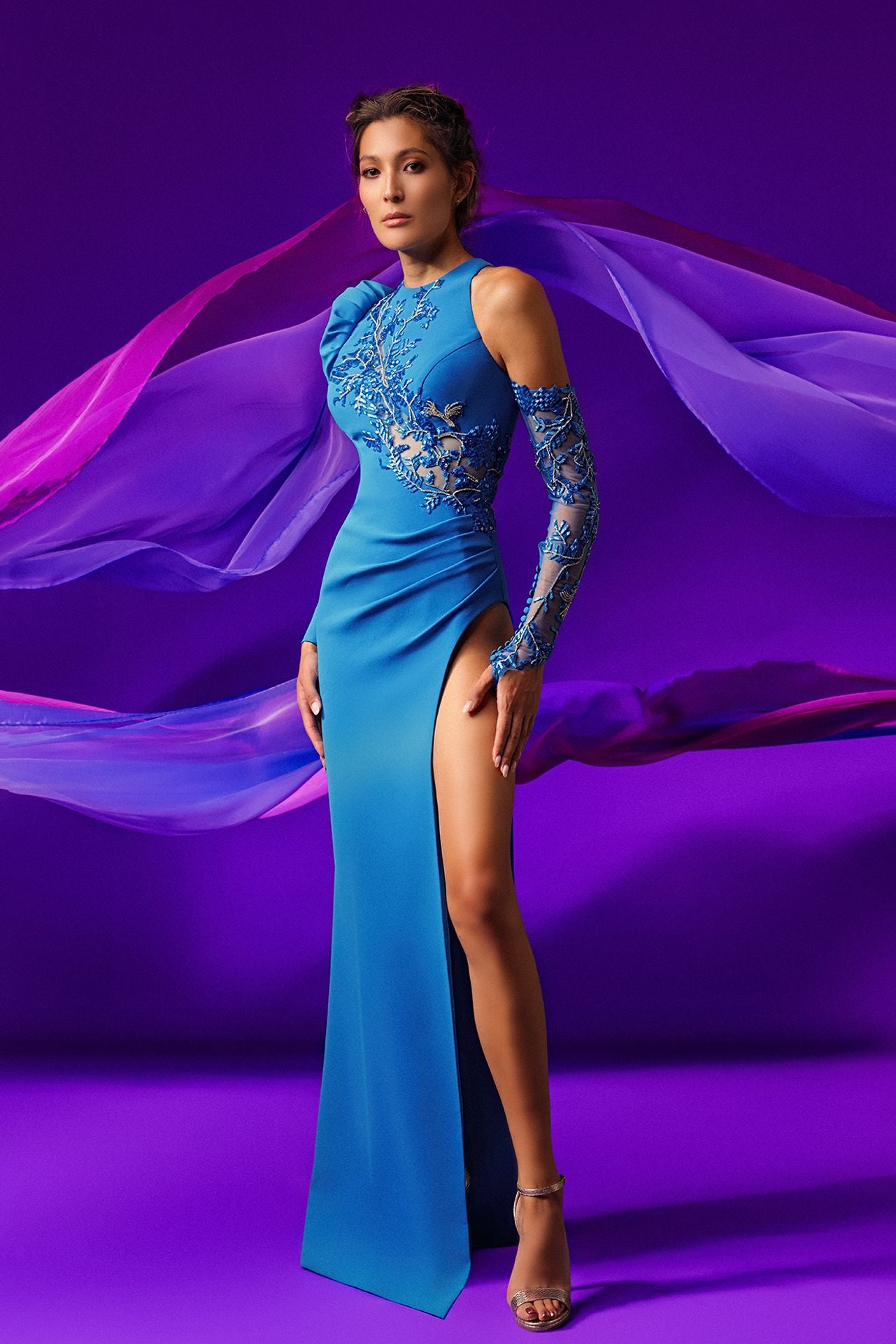 Asymmetric Crepe Dress with Swarovski Embellishment