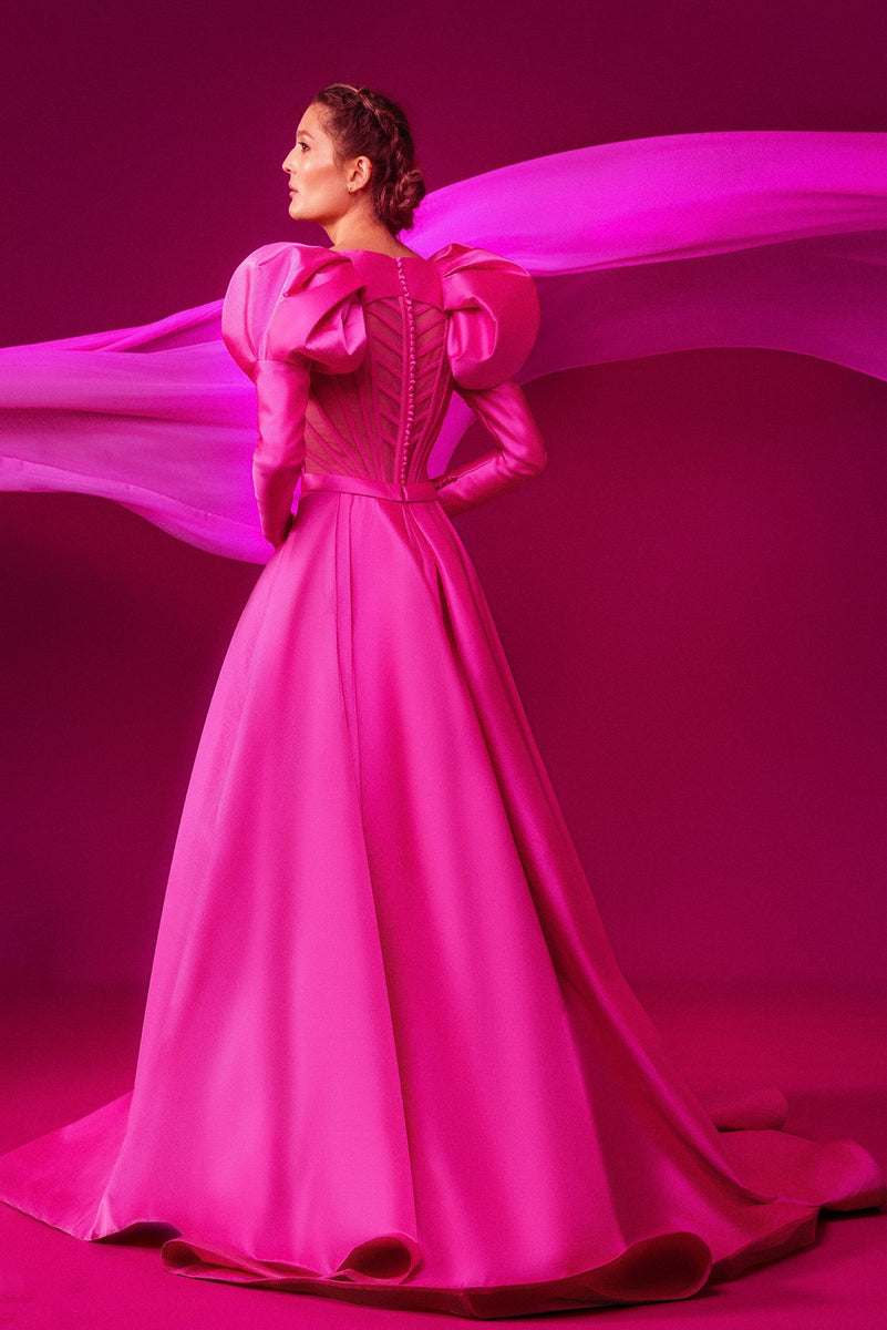 open lace back dress Hot Pink Pleated Satin Lace Back Maxi Dress - Event Dresses
