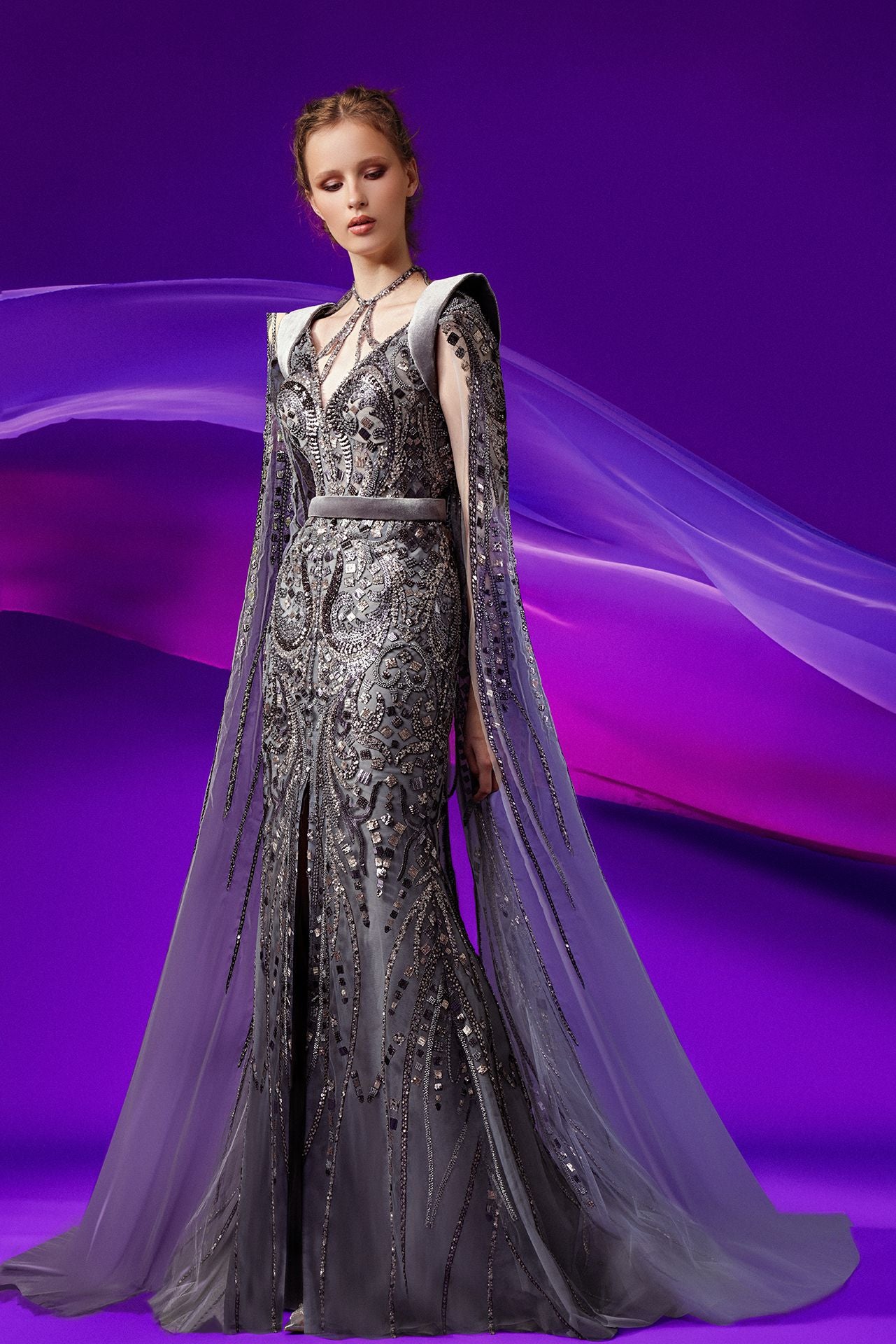 Cape Sleeves Fully Beaded Gown