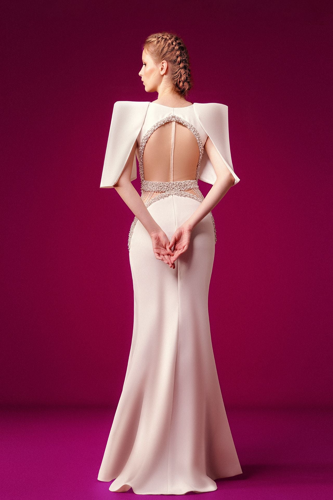 Crepe gown featuring band belt Swarovski crystals