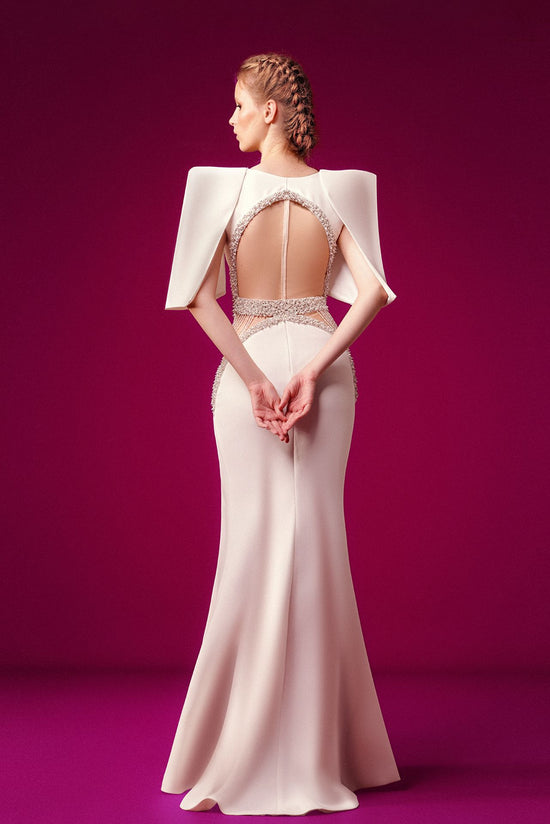 Crepe gown featuring band belt Swarovski crystals