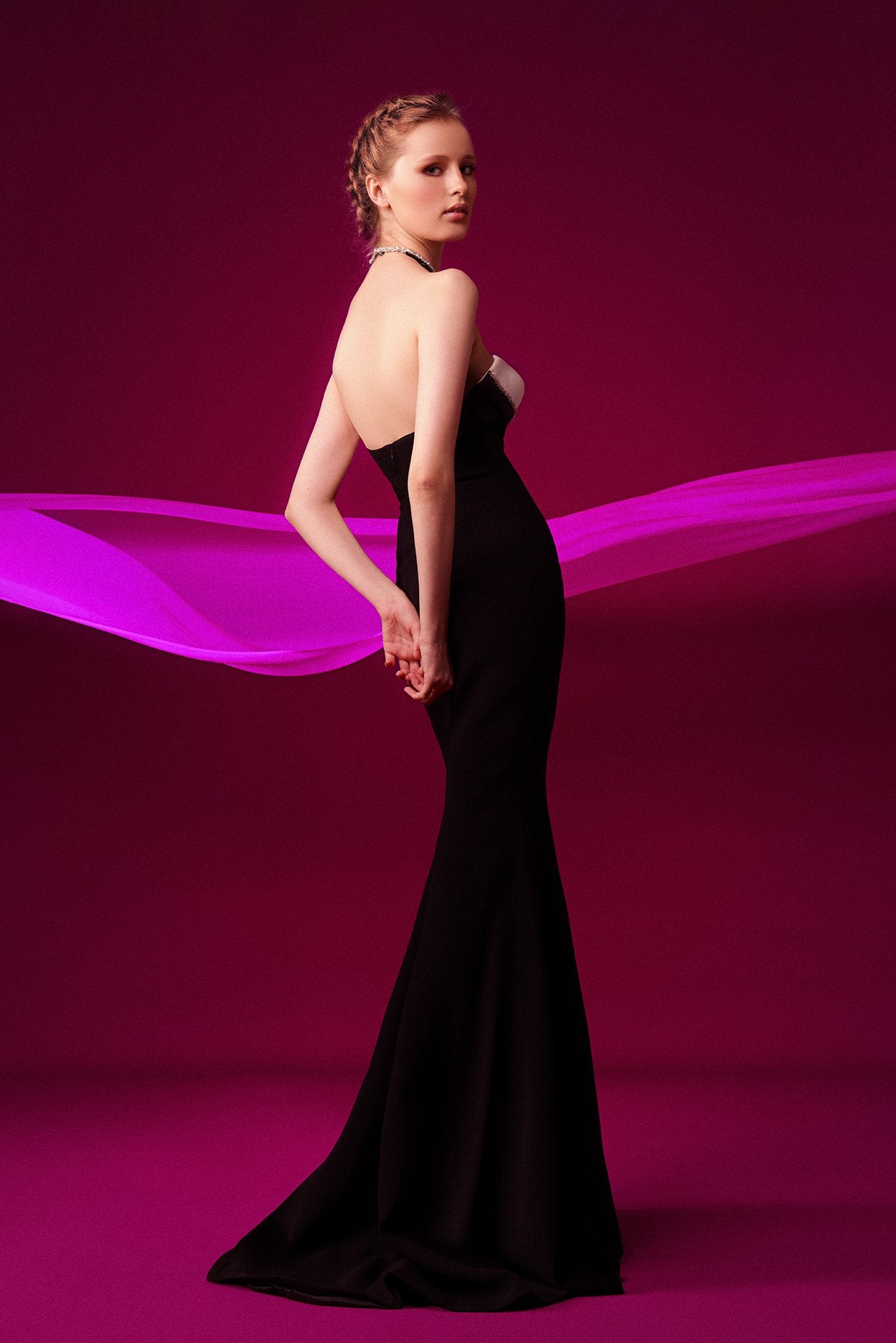 Beaded Neckline Crepe Mermaid Dress