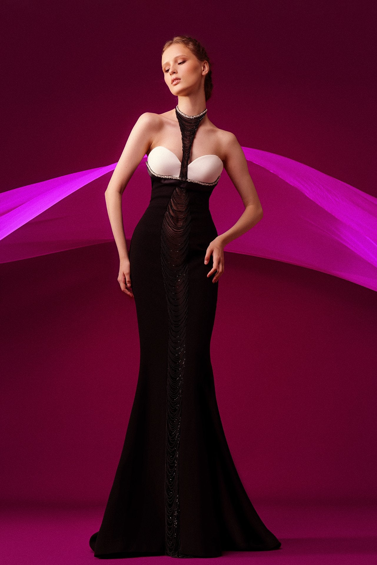 Beaded Neckline Crepe Mermaid Dress