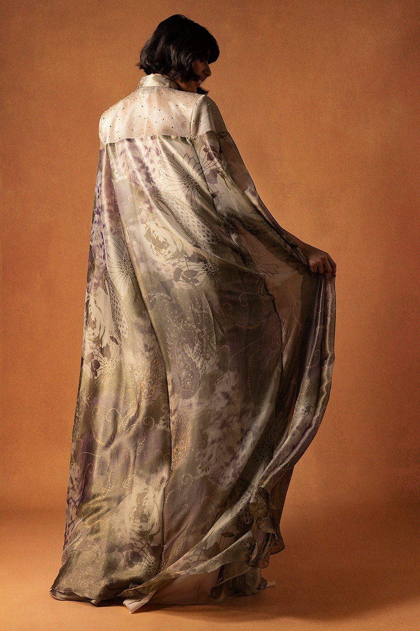 Printed Silk Champagne Kaftan with Organza and Bow Accents