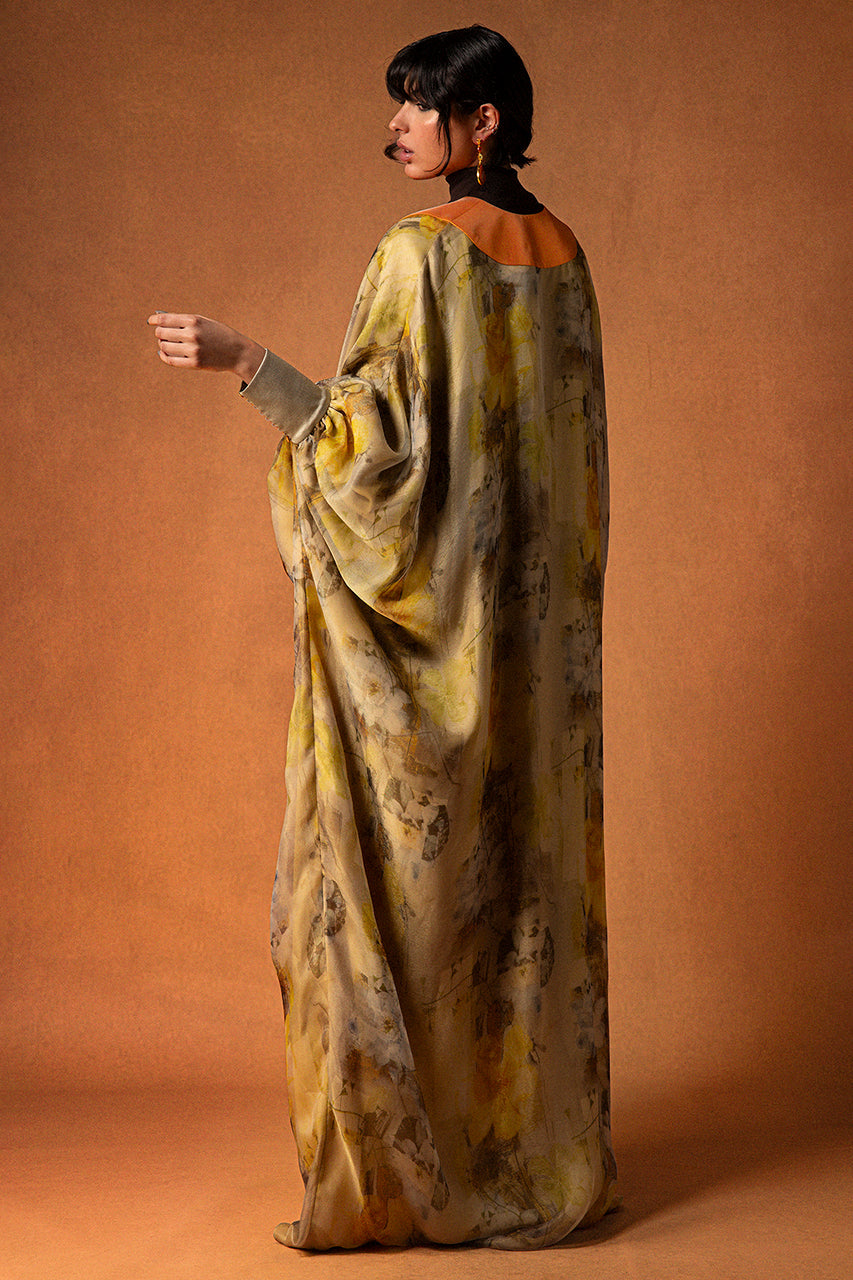 Printed Silk Organza Kaftan with Taffeta Trim
