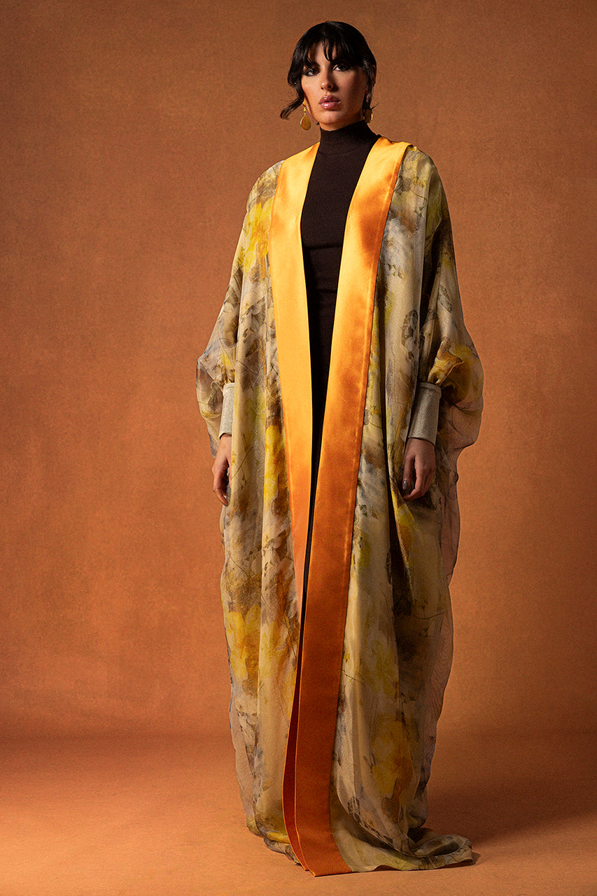 Printed Silk Organza Kaftan with Taffeta Trim