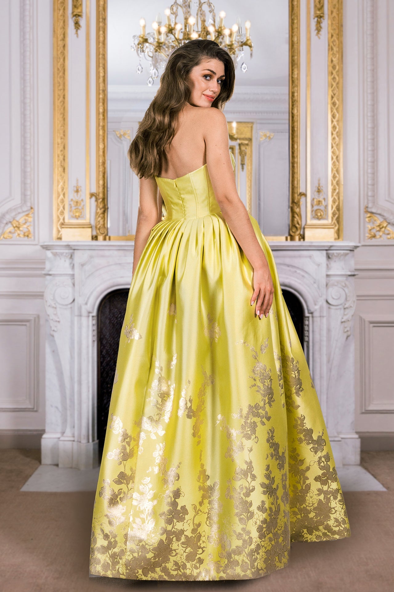 Strapless Jacquard Gown with Floral Embellishments