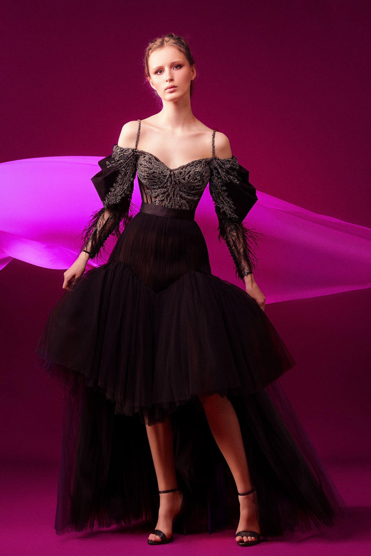 Beaded Bodice Off Shoulder High-Low Dress