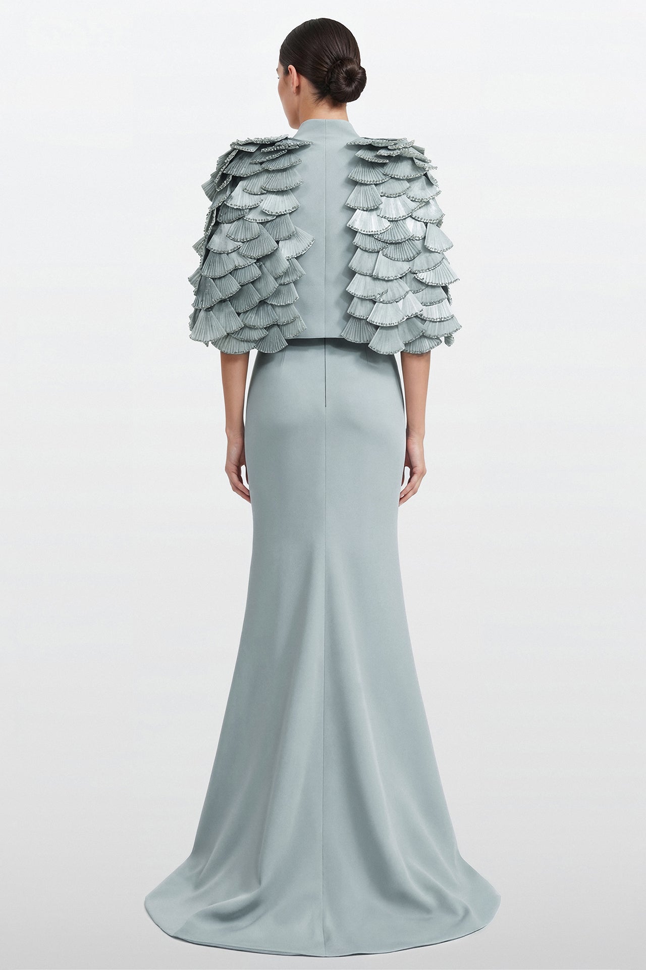 Fitted Gown with Layered Pleated Cape Jacket