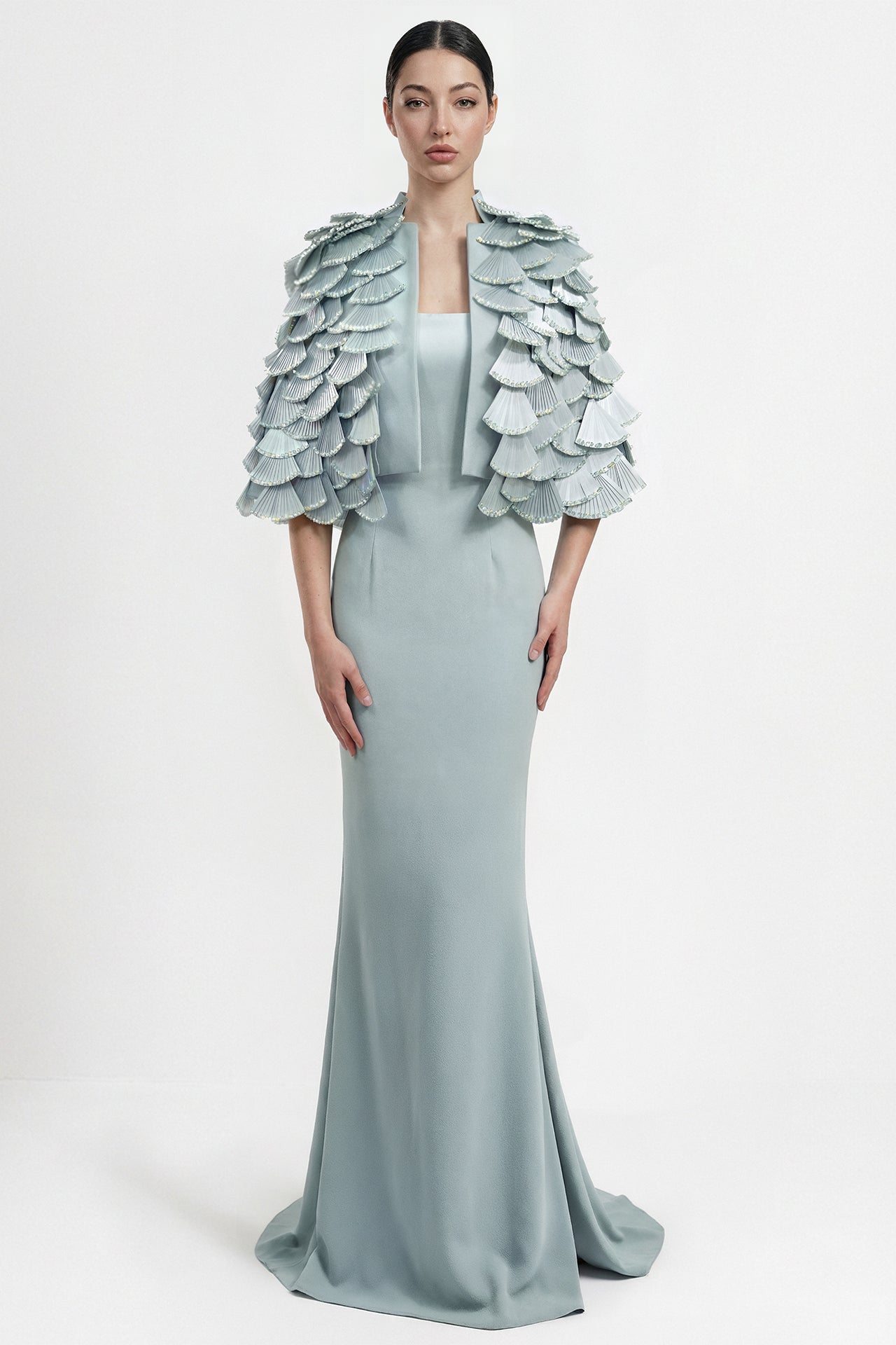 Fitted Gown with Layered Pleated Cape Jacket