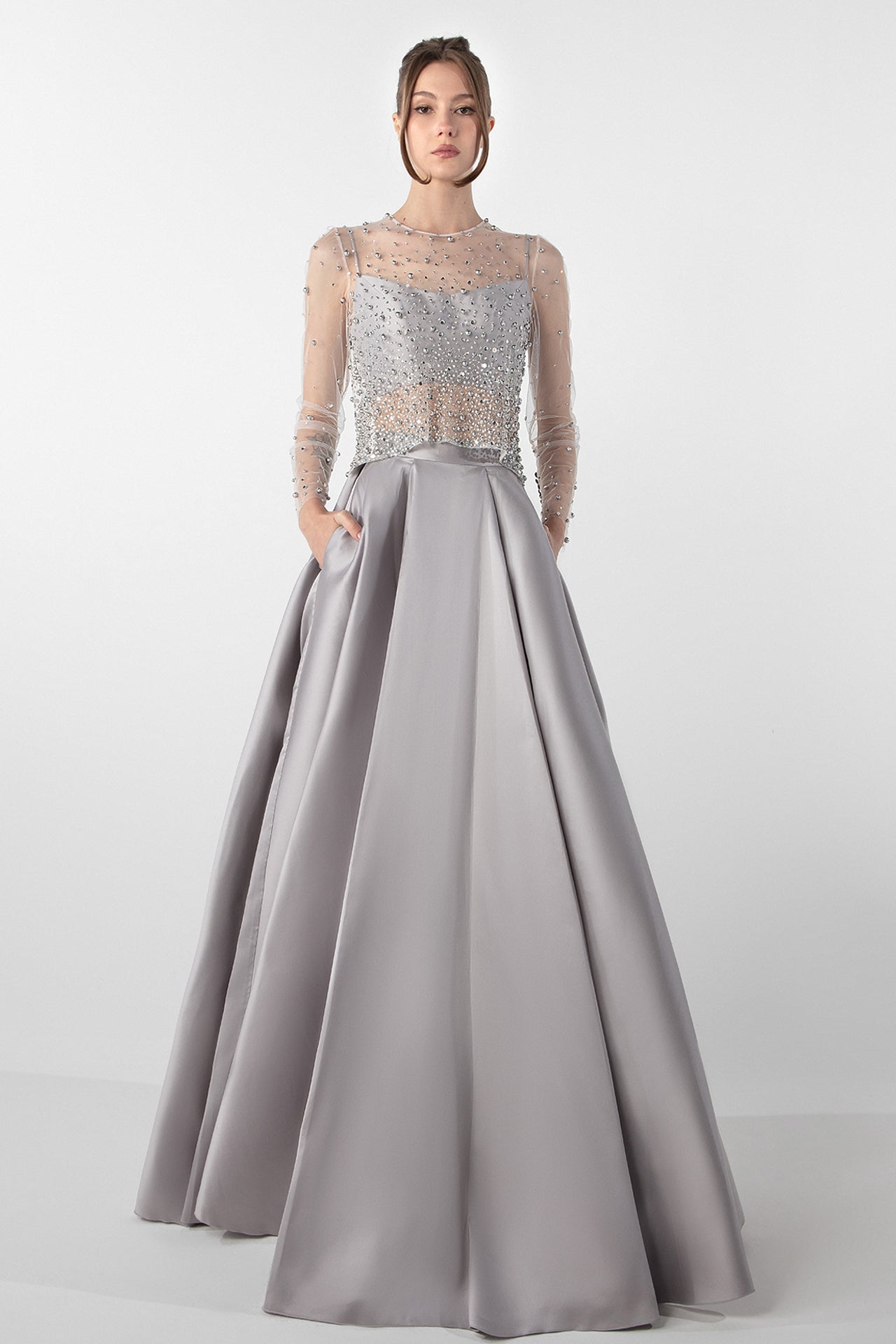 Three-Piece Embroidered Crop Top and Cady Skirt Set