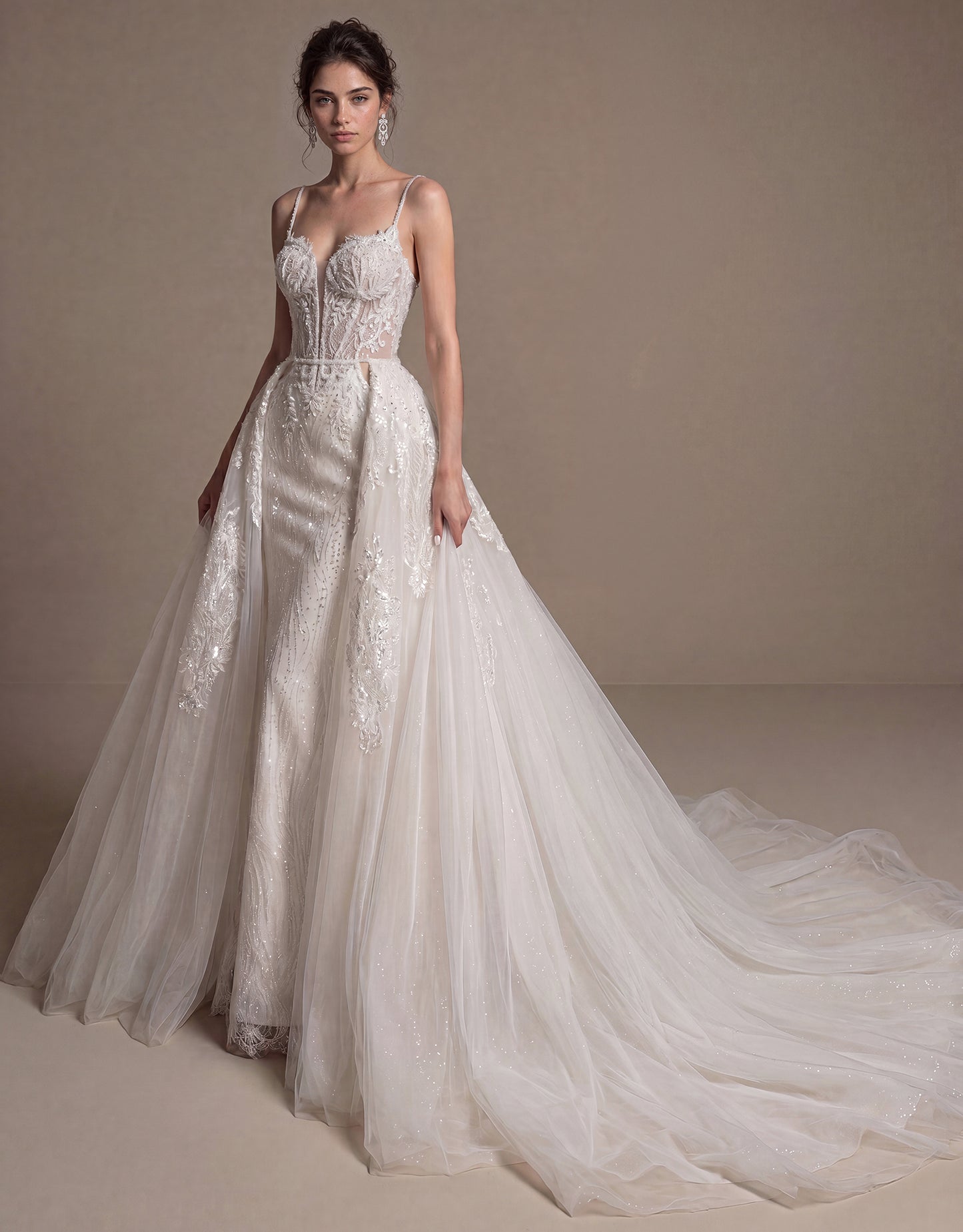 Embroidered Mermaid Bridal Gown with Detachable Overskirt