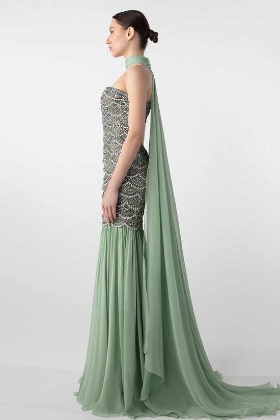 Draped Gown with Hand Embroidery and Flowing Chiffon Skirt