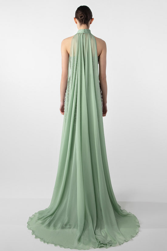 Draped Gown with Hand Embroidery and Flowing Chiffon Skirt