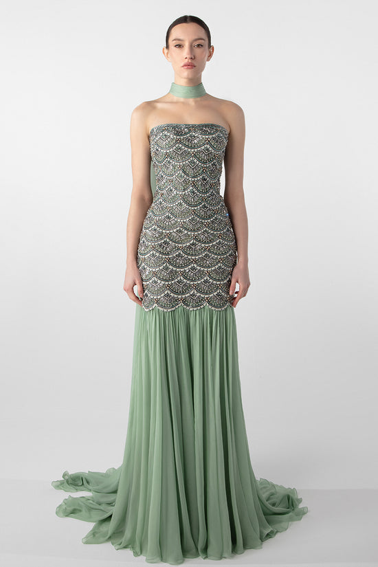 Draped Gown with Hand Embroidery and Flowing Chiffon Skirt