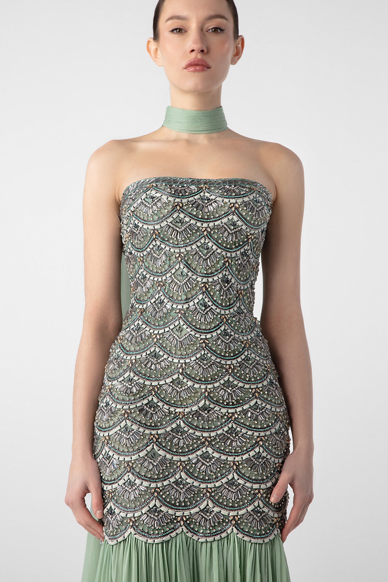 Draped Gown with Hand Embroidery and Flowing Chiffon Skirt