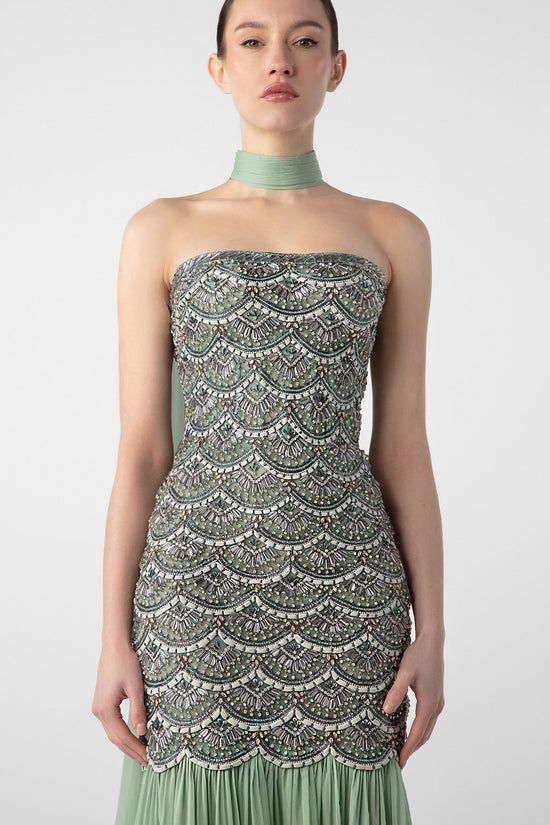 Draped Gown with Hand Embroidery and Flowing Chiffon Skirt