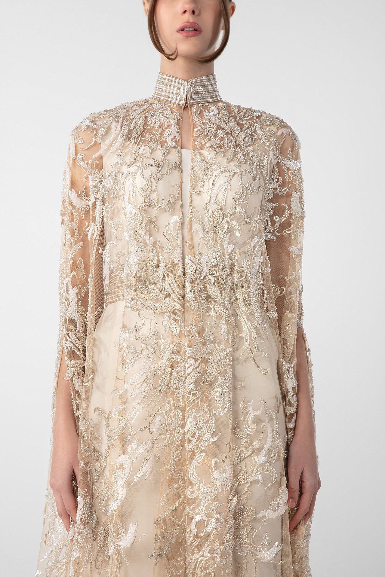 Crepe Dress with Embroidered Cape