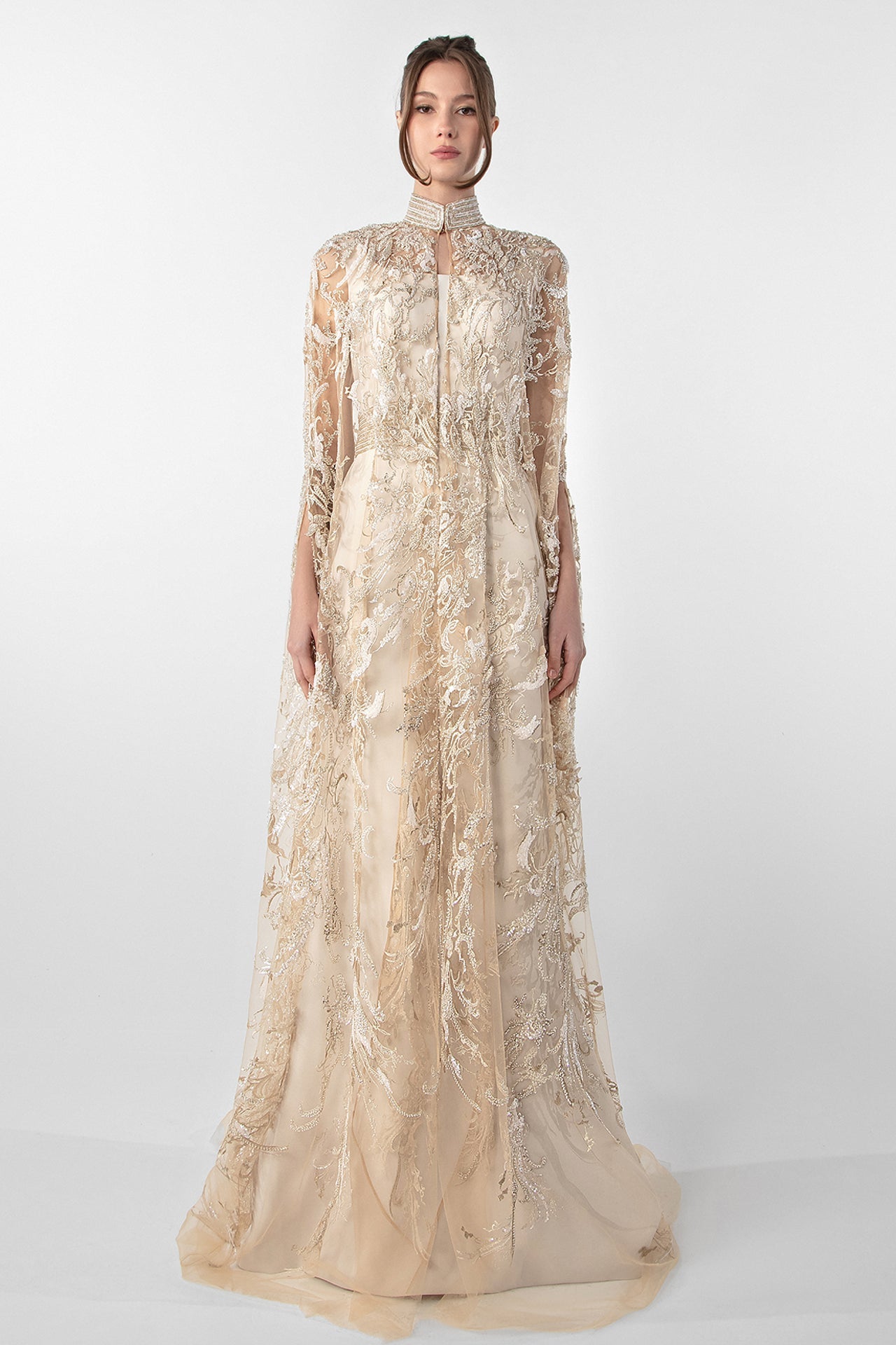 Crepe Dress with Embroidered Cape
