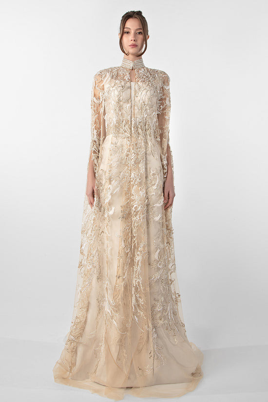 Crepe Dress with Embroidered Cape Gattinolli by Marwan Crepe Dress with Embroidered Cape Gattinolli by Marwan