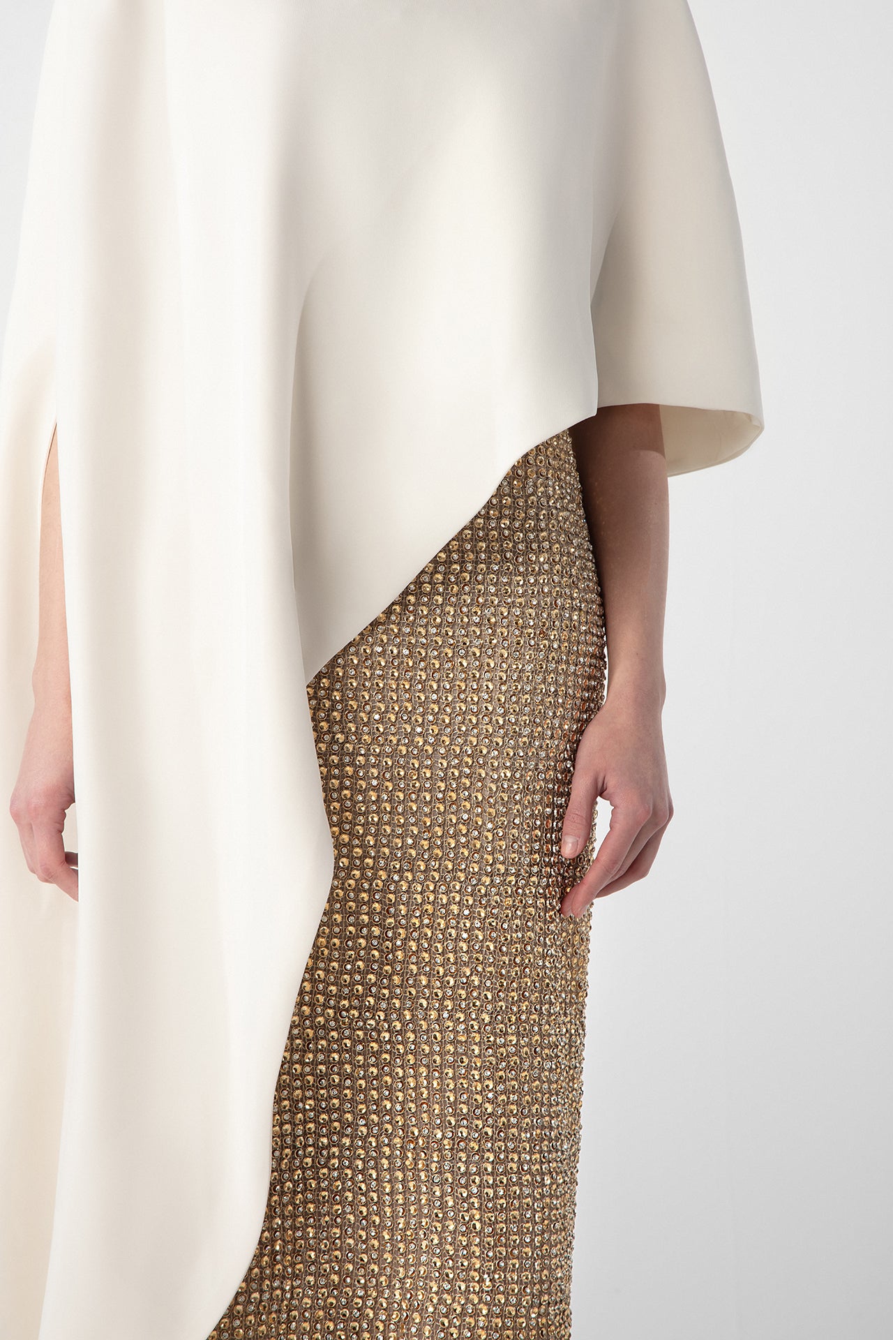 Hand-Embroidered Gold Dress with Crepe Cape