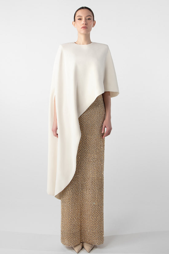 Hand-Embroidered Gold Dress with Crepe Cape