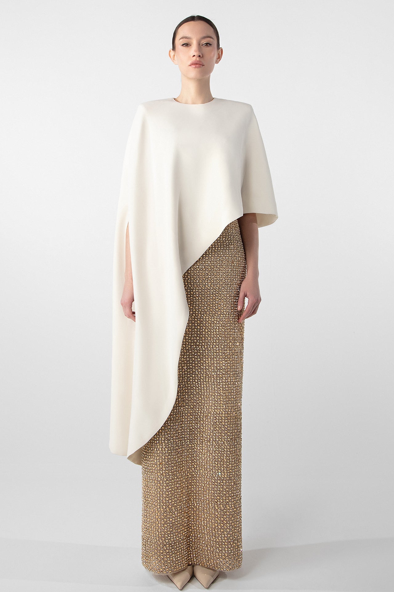 Hand-Embroidered Gold Dress with Crepe Cape