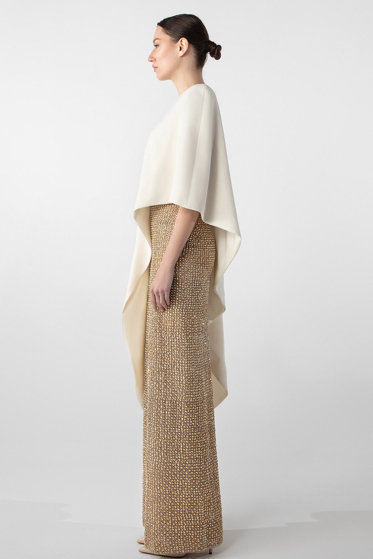 Hand-Embroidered Gold Dress with Crepe Cape