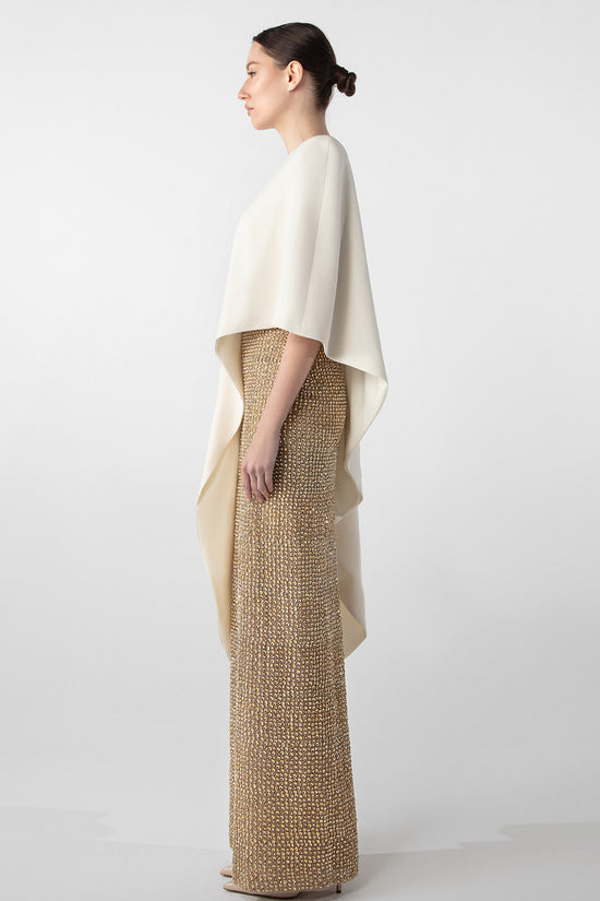Hand-Embroidered Gold Dress with Crepe Cape