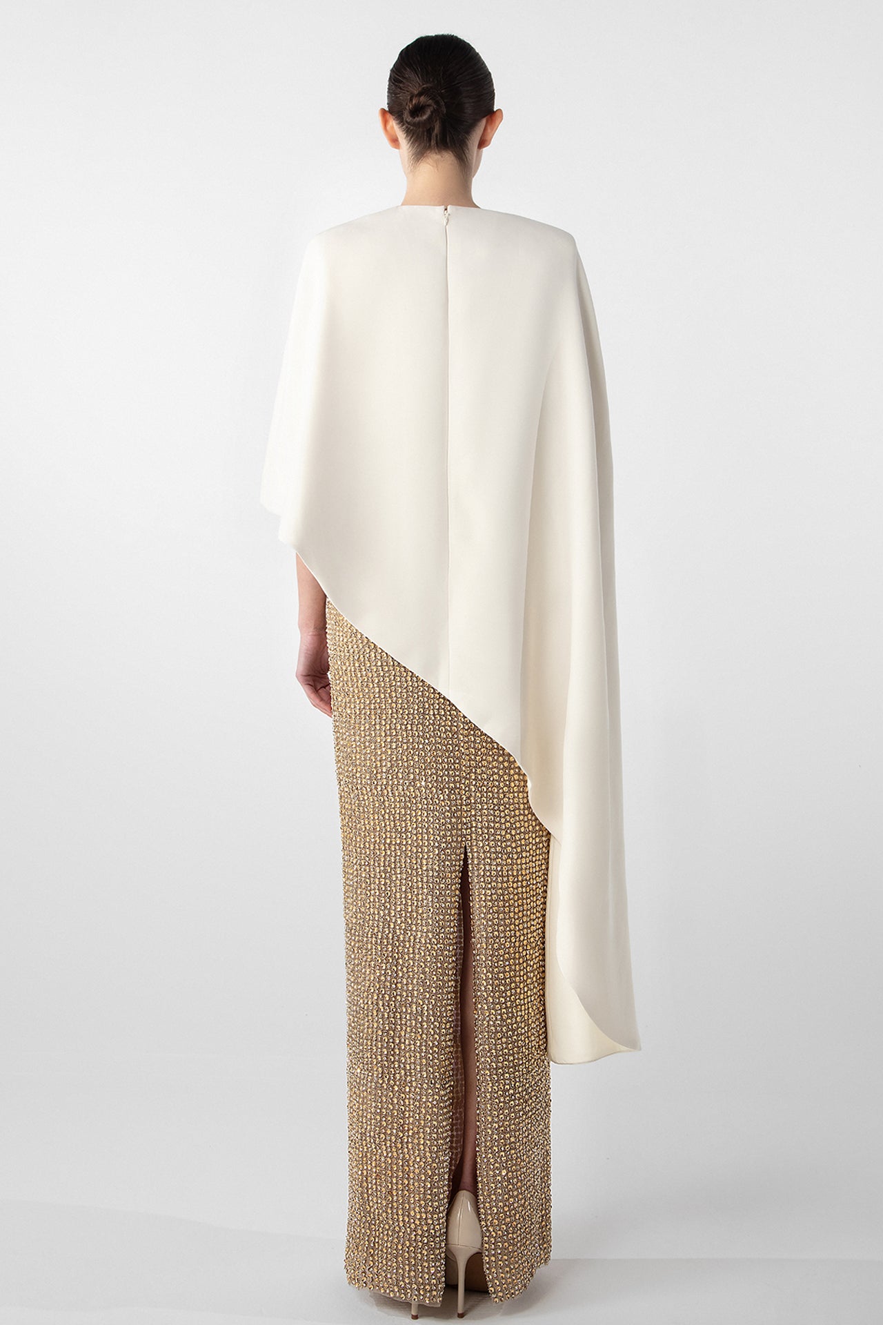 Hand-Embroidered Gold Dress with Crepe Cape