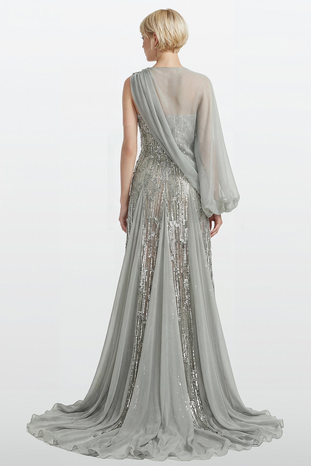 Strapless Embroidered Gown with Draped Chiffon Cape