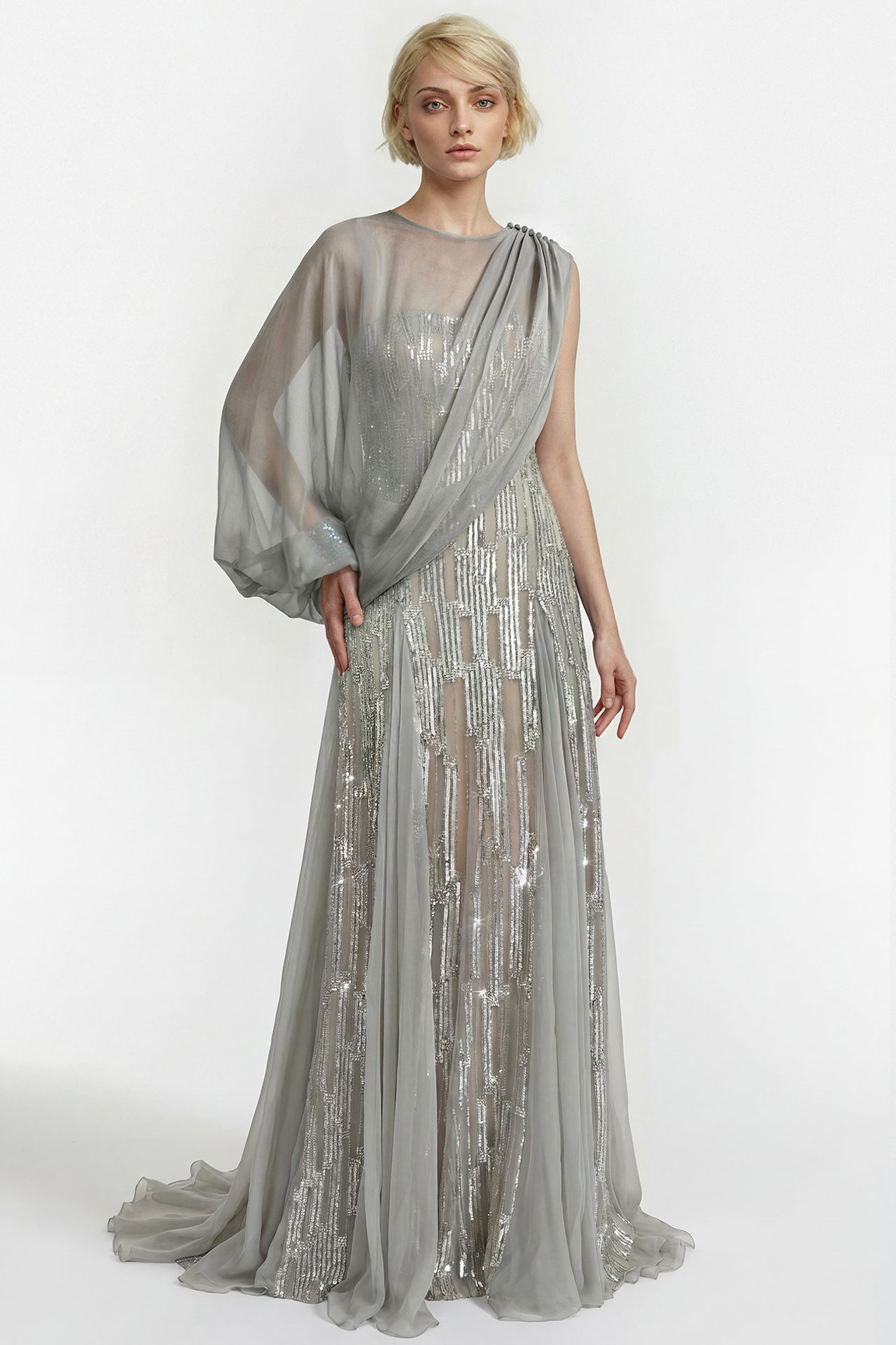 Strapless Embroidered Gown with Draped Chiffon Cape