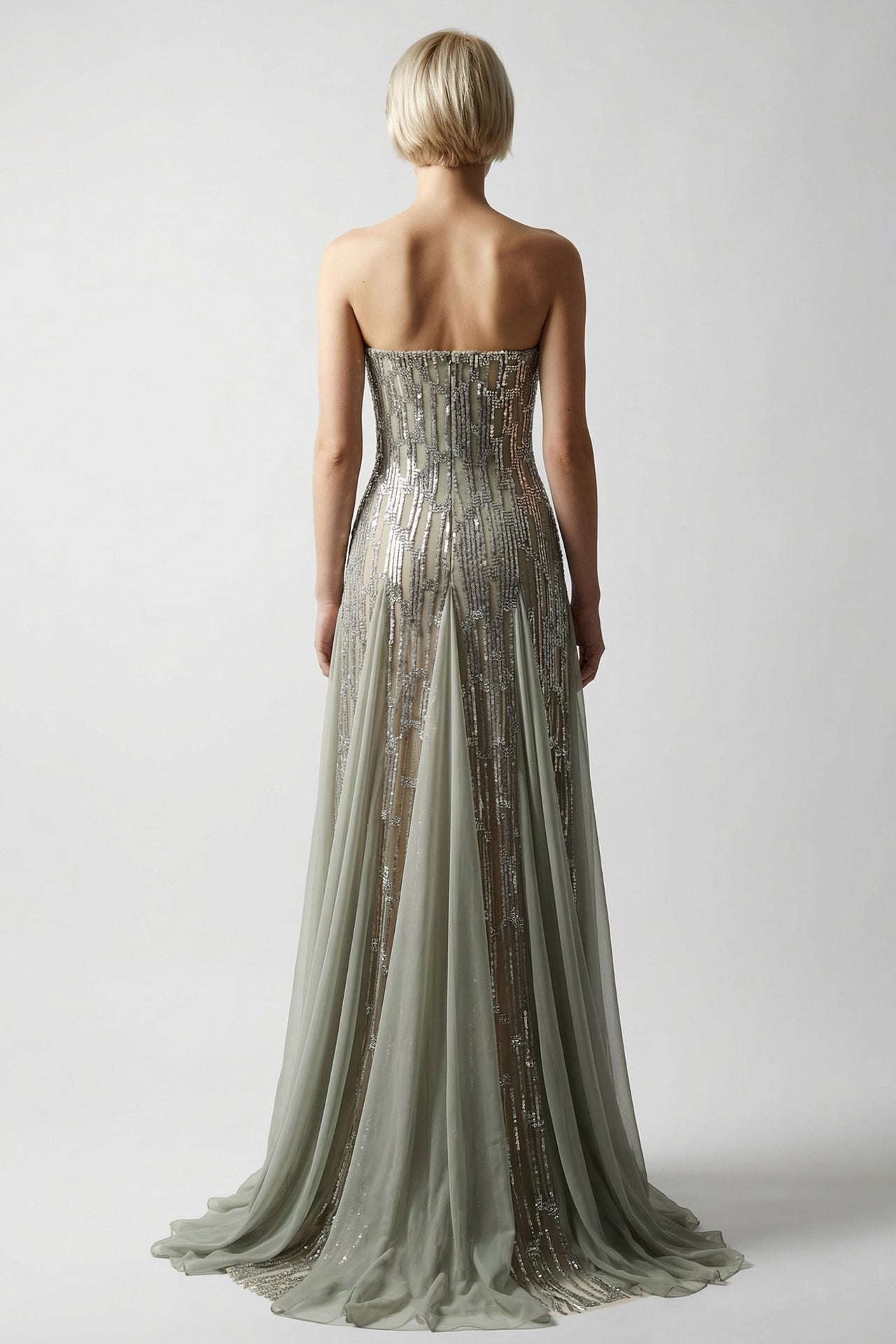 Strapless Embroidered Gown with Draped Chiffon Cape