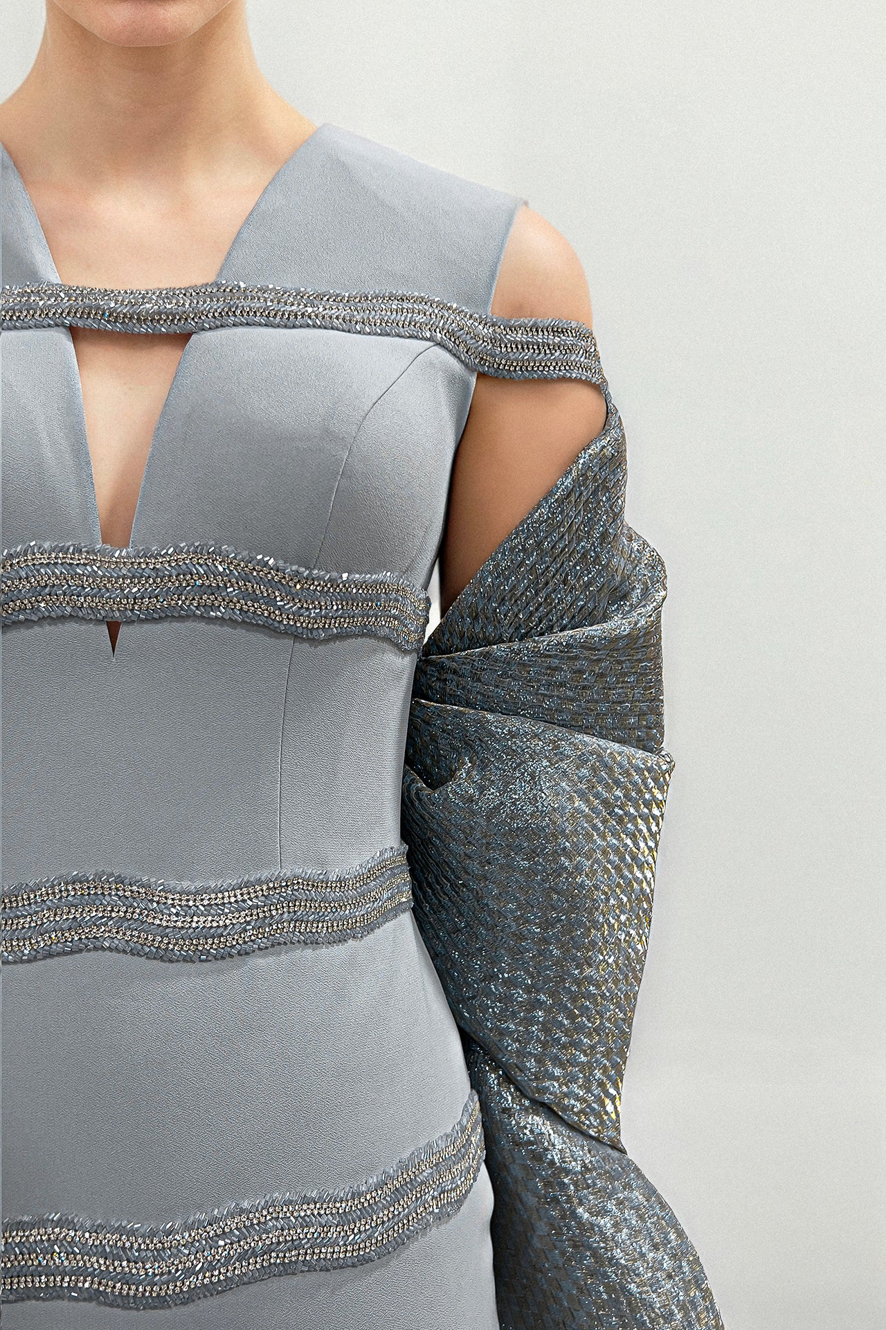 Beaded Crepe Gown with Draped Cape