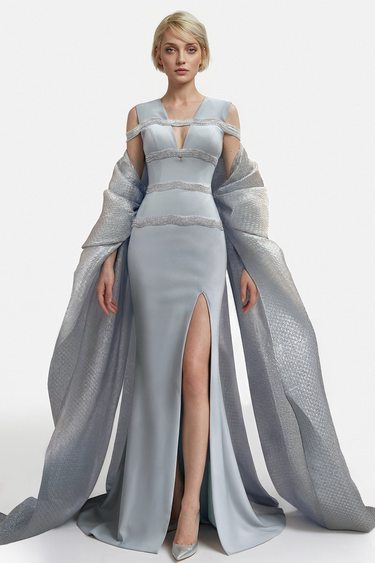 Beaded Crepe Gown with Draped Cape