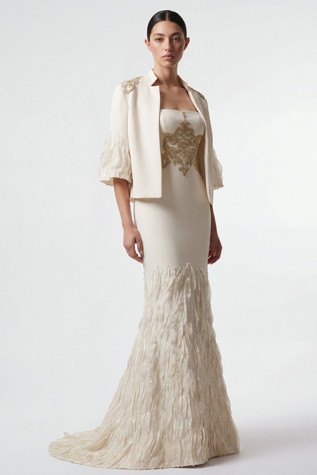 Embroidered Mermaid Gown with Cropped Jacket