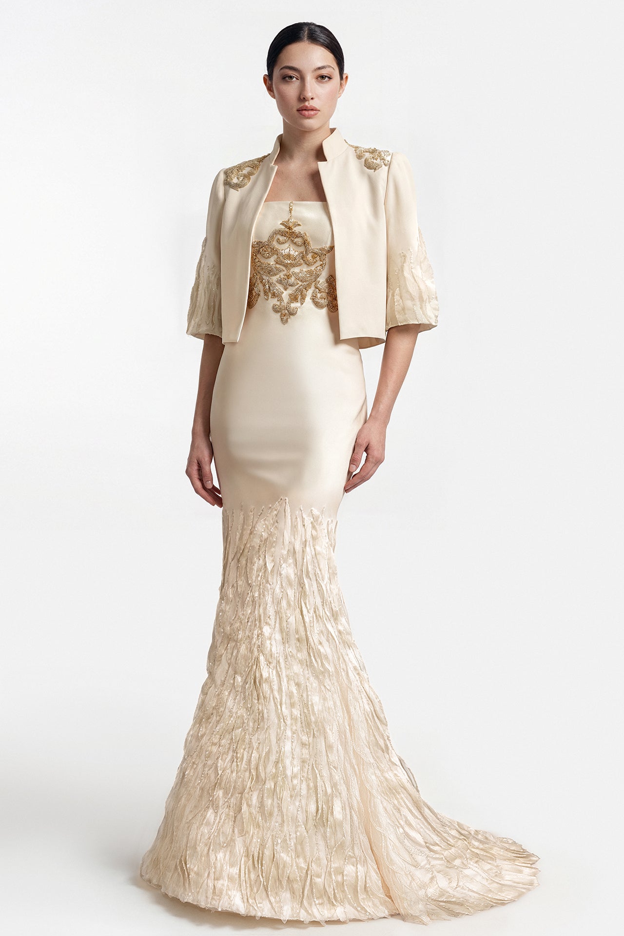 Embroidered Mermaid Gown with Cropped Jacket