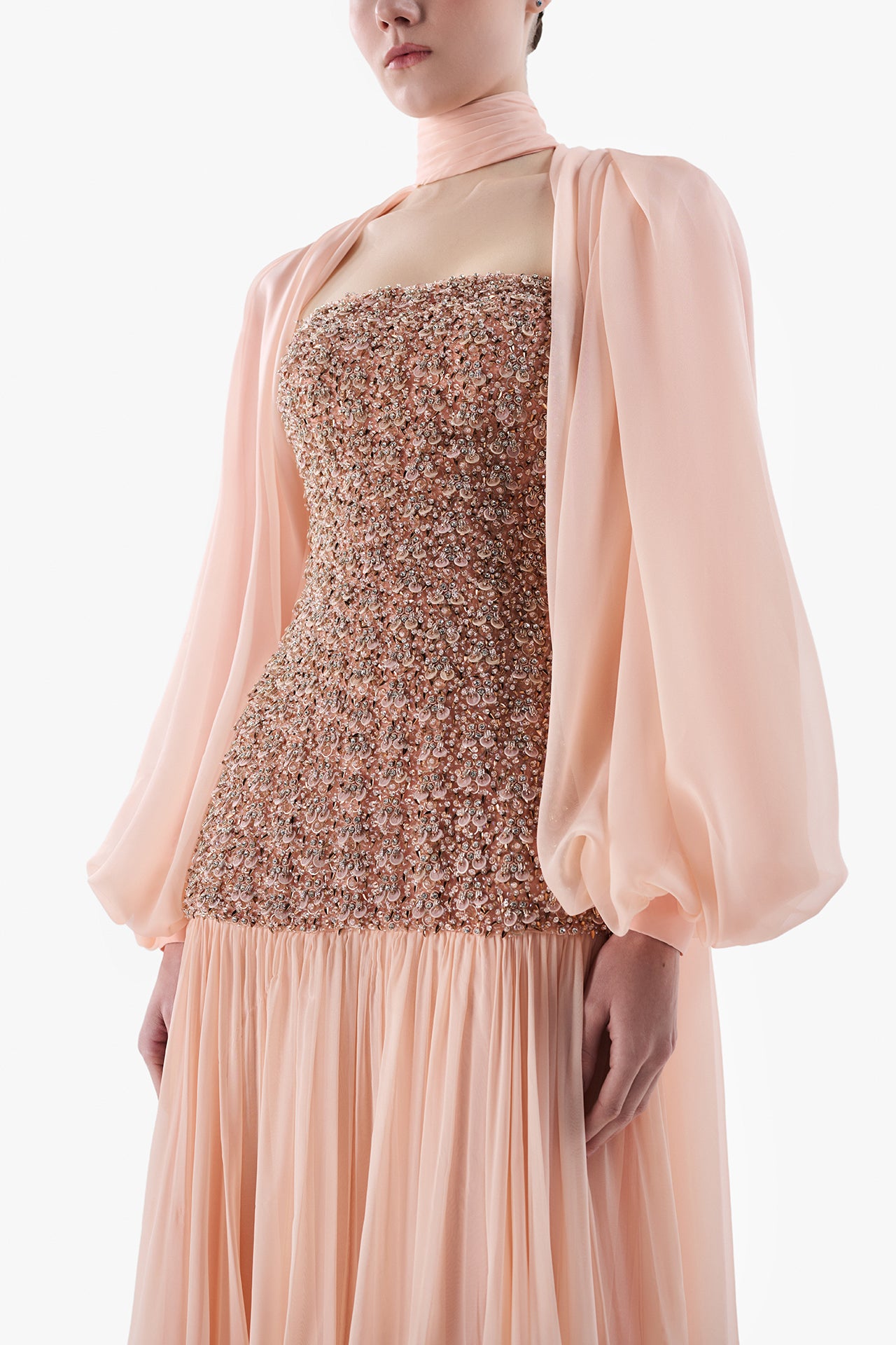 Embellished Strapless Gown with Chiffon Cape