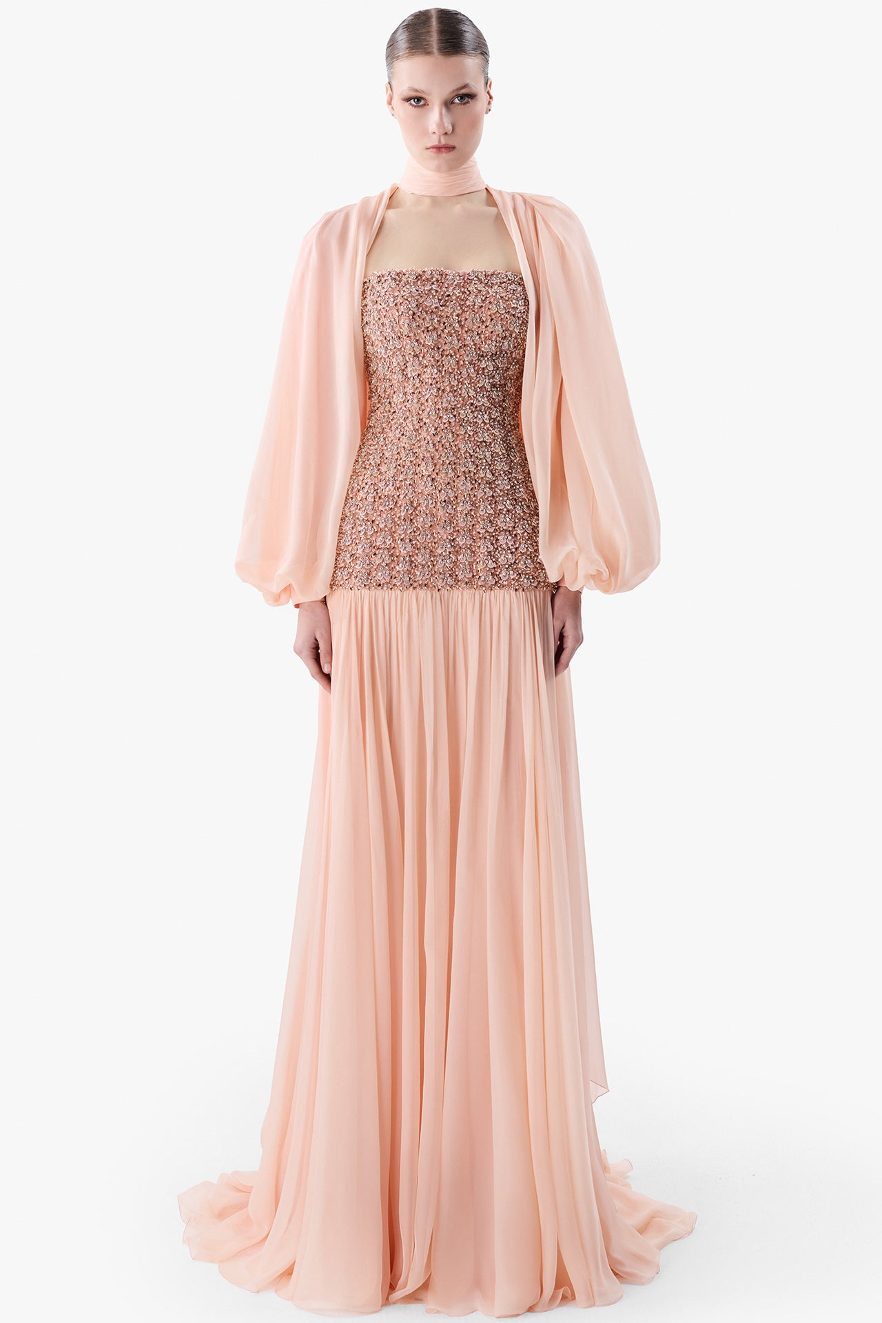 Embellished Strapless Gown with Chiffon Cape