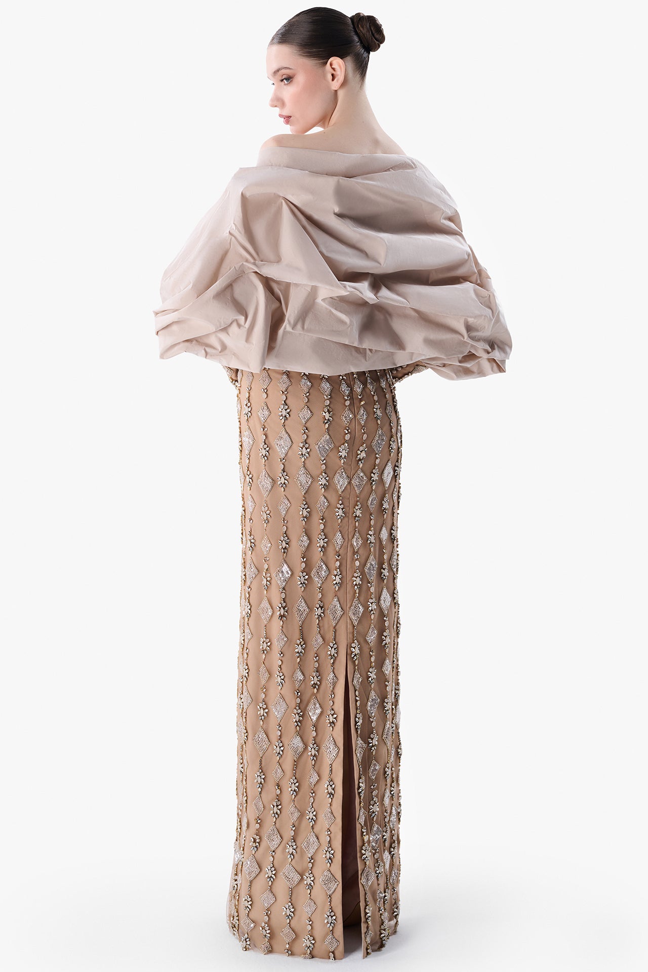 Embroidered Strapless Gown with Taffeta Bolero