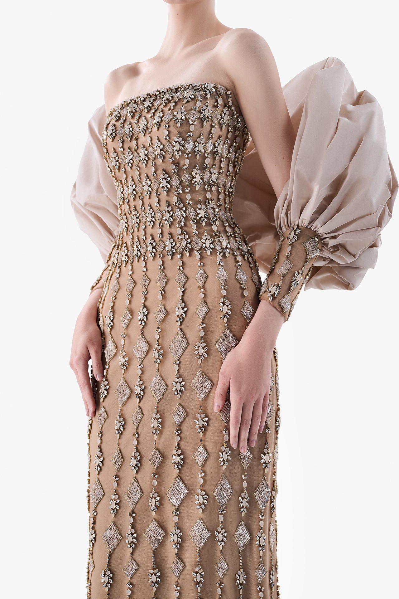 Embroidered Strapless Gown with Taffeta Bolero