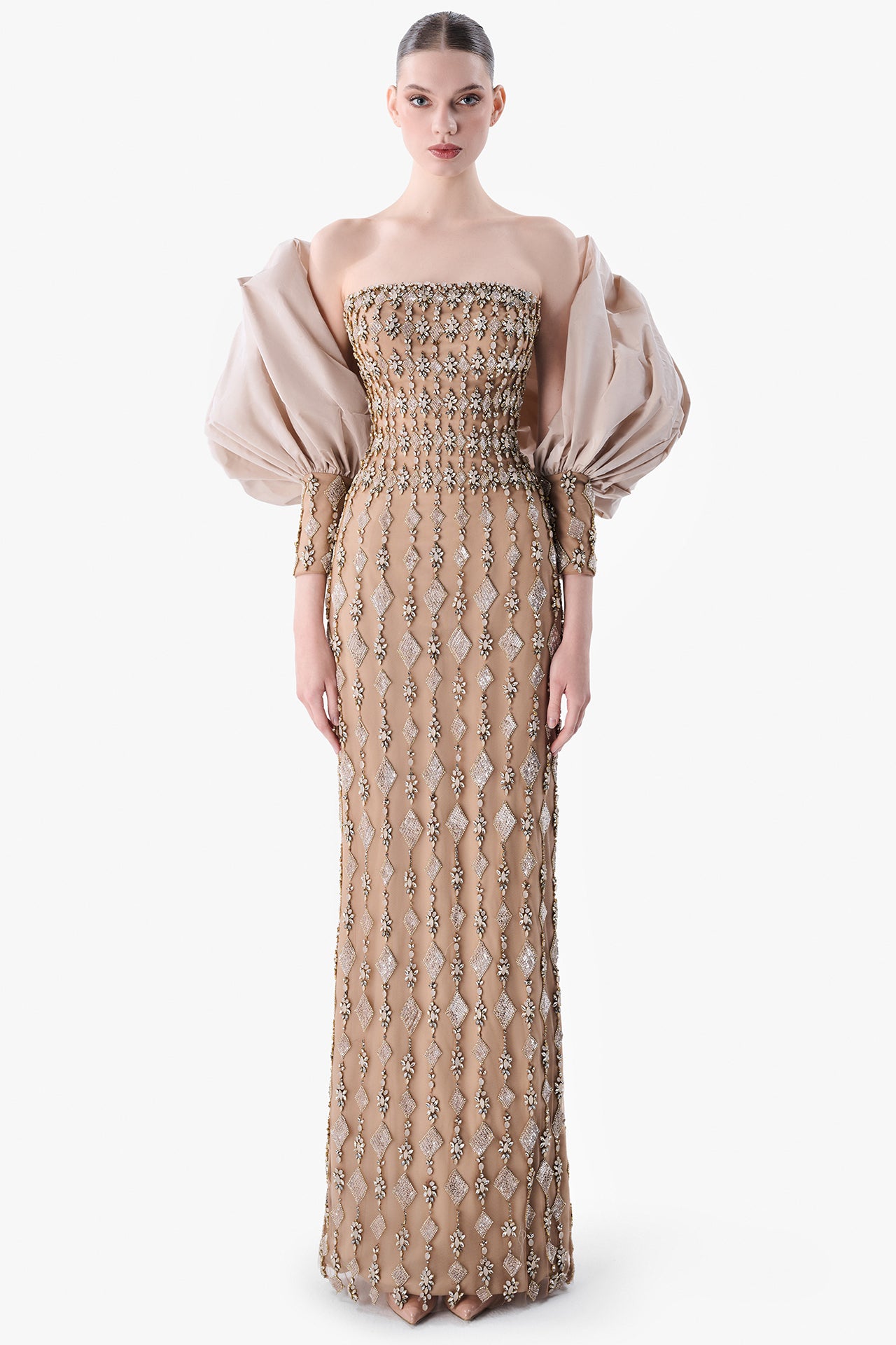 Embroidered Strapless Gown with Taffeta Bolero